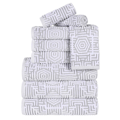 Cotton Modern Geometric Jacquard Plush Absorbent 9 Piece Towel Set - Platinum