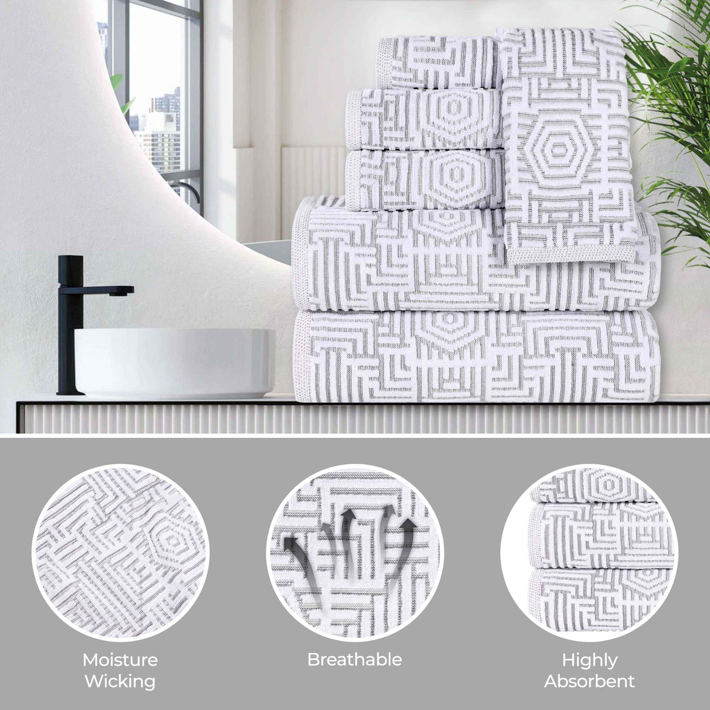 Cotton Modern Geometric Jacquard Plush Absorbent 9 Piece Towel Set - Platinum