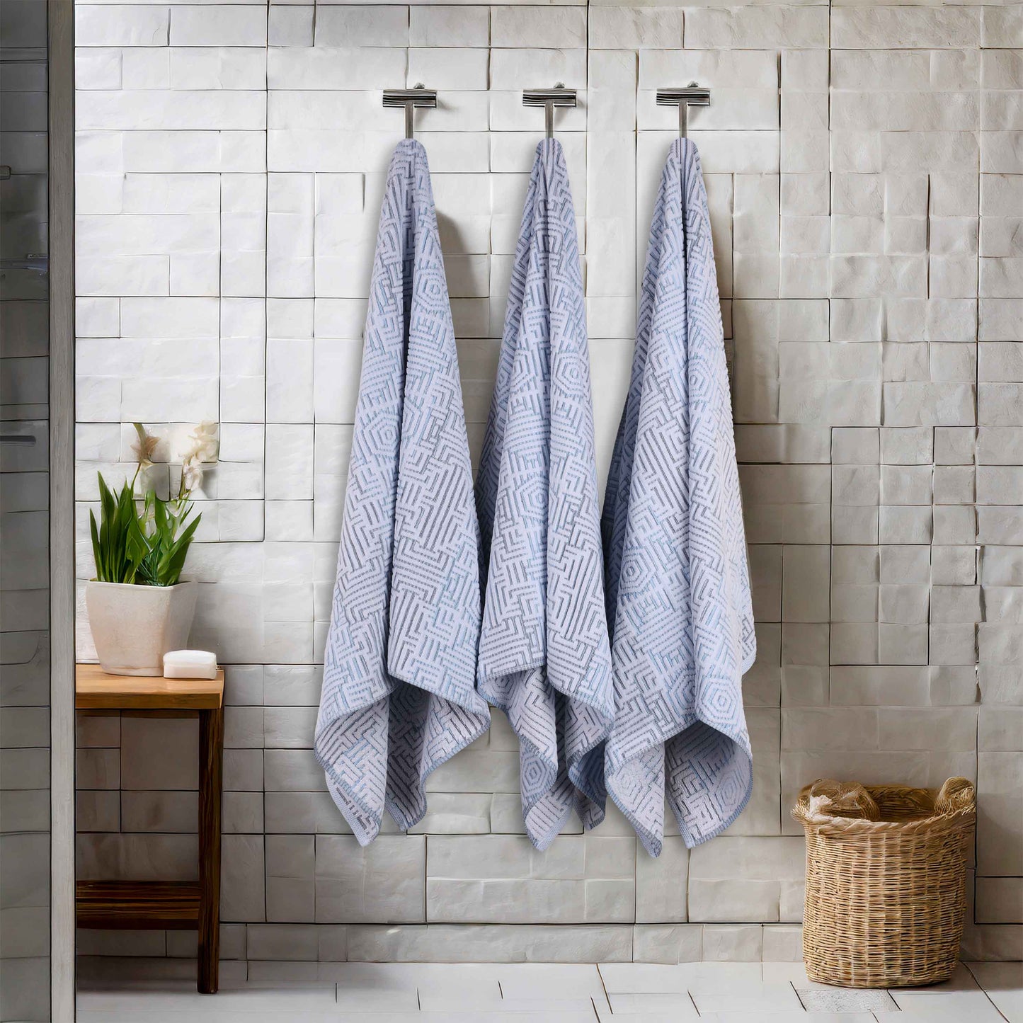 Cotton Modern Geometric Jacquard Plush Absorbent Bath Towel Set of 3 - Blue