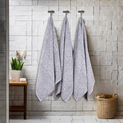 Cotton Modern Geometric Jacquard Plush Absorbent Bath Towel Set of 3 - Charcoal