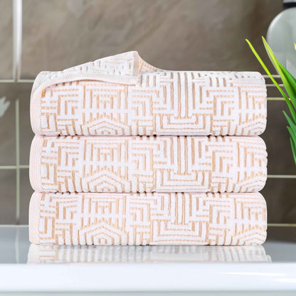 Cotton Modern Geometric Jacquard Plush Absorbent Bath Towel Set of 3 - Gold