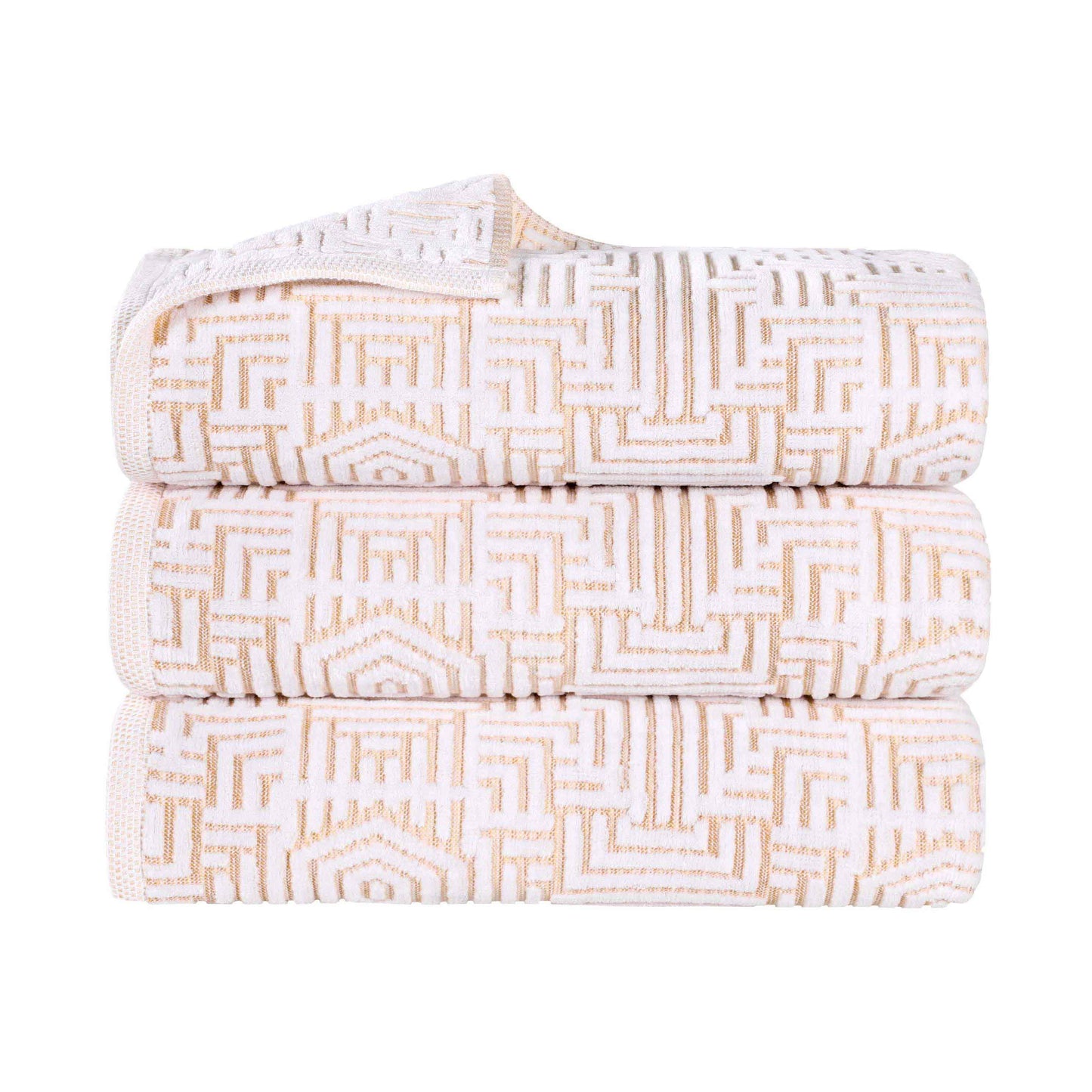 Cotton Modern Geometric Jacquard Plush Absorbent Bath Towel Set of 3 - Gold