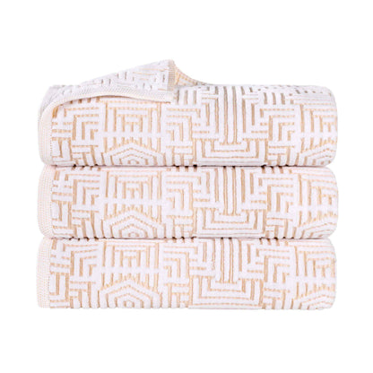 Cotton Modern Geometric Jacquard Plush Absorbent Bath Towel Set of 3 - Gold