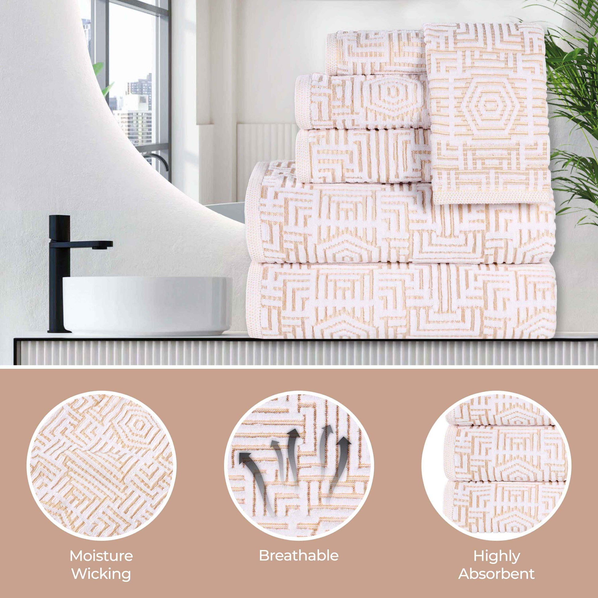 Cotton Modern Geometric Jacquard Plush Absorbent Bath Towel Set of 3 - Gold