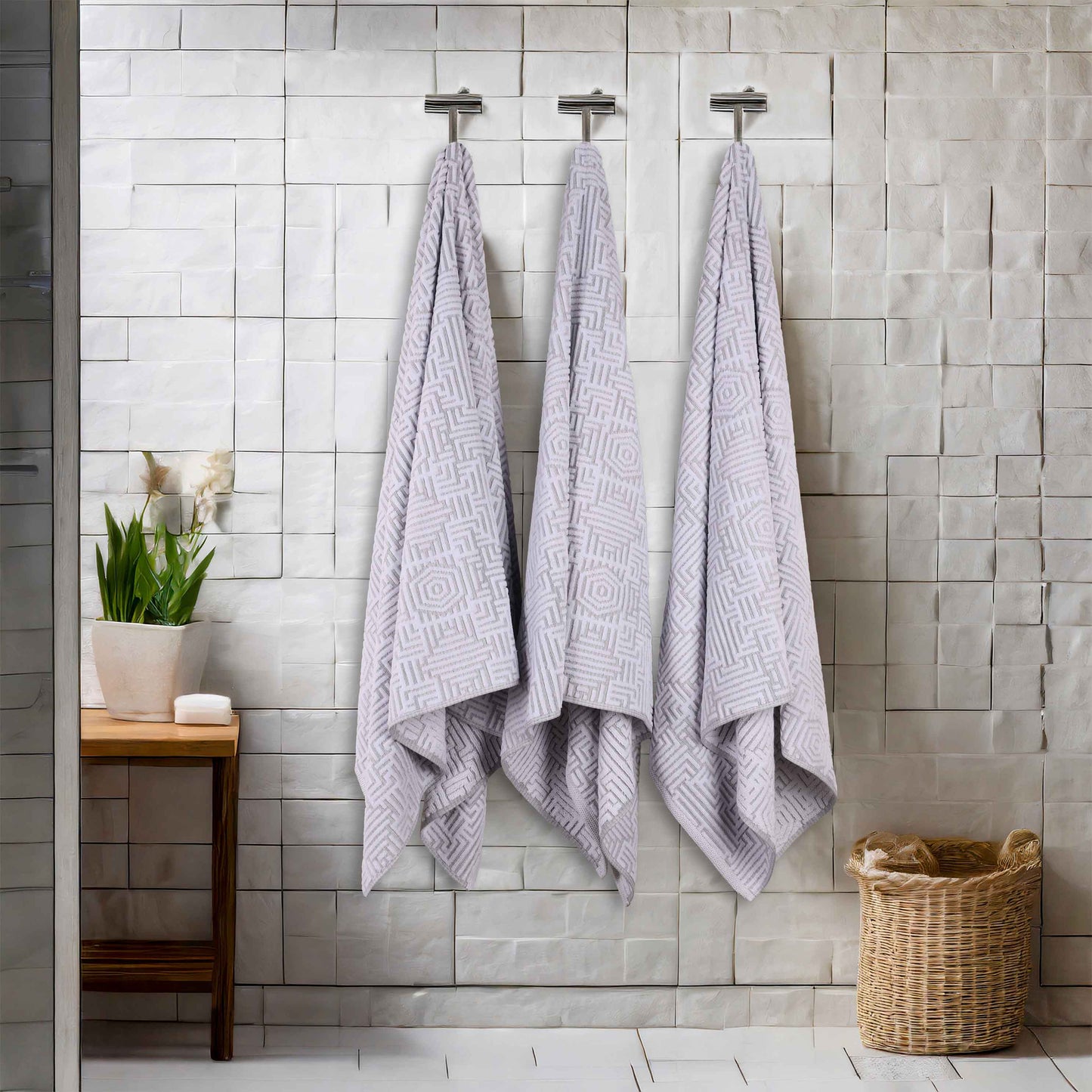 Cotton Modern Geometric Jacquard Plush Absorbent Bath Towel Set of 3 - Platinum