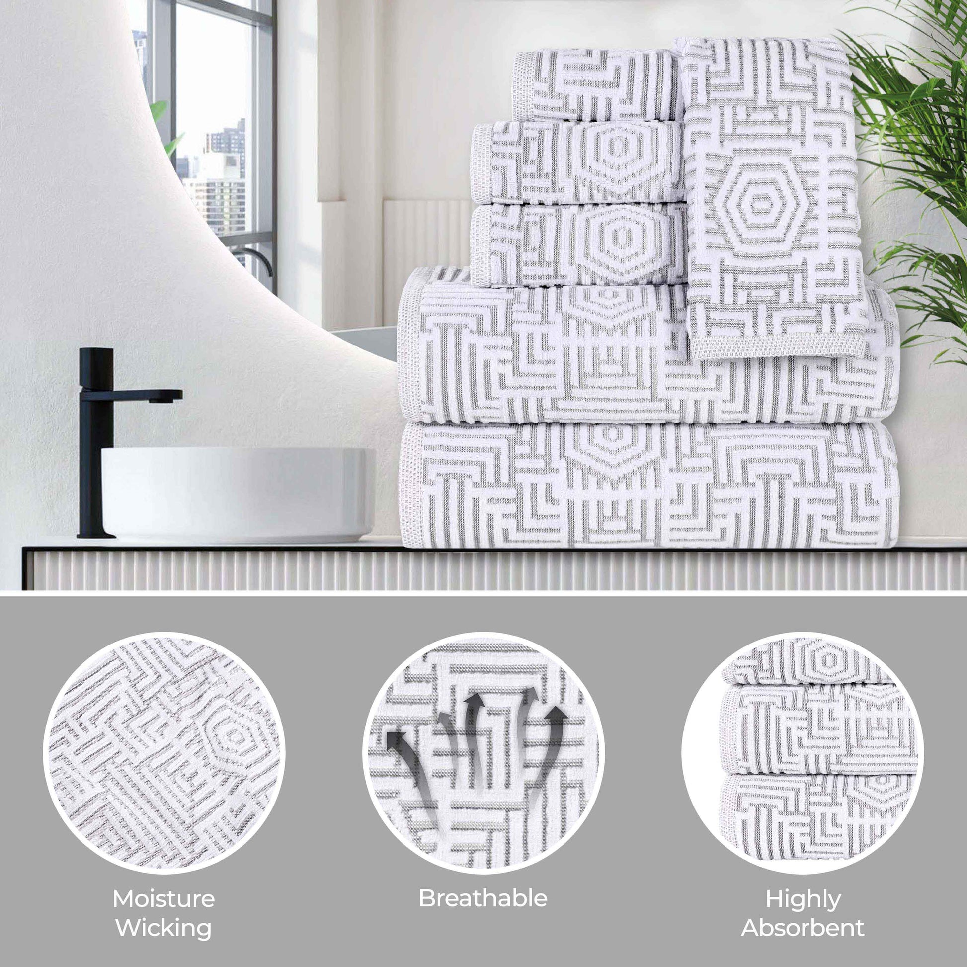 Cotton Modern Geometric Jacquard Plush Absorbent Bath Towel Set of 3 - Platinum