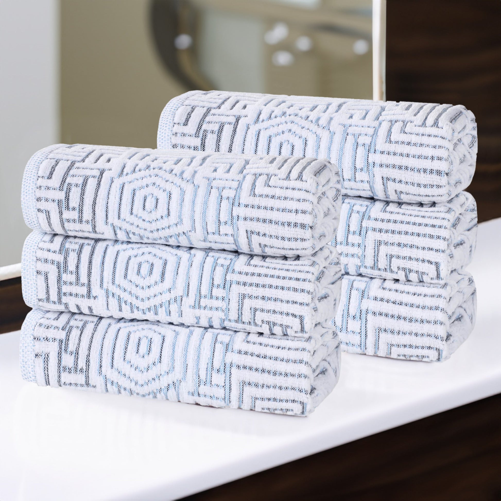 Cotton Modern Geometric Jacquard Plush Absorbent Hand Towel Set of 6 - Blue