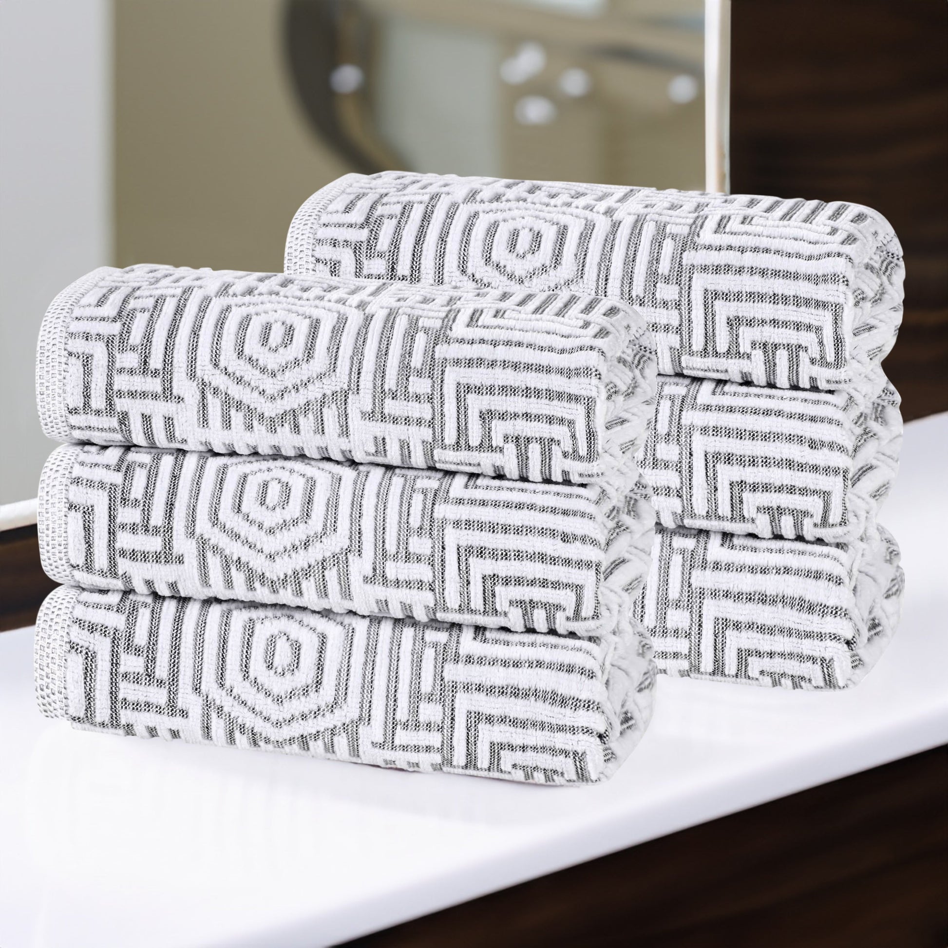 Cotton Modern Geometric Jacquard Plush Absorbent Hand Towel Set of 6 - Charcoal