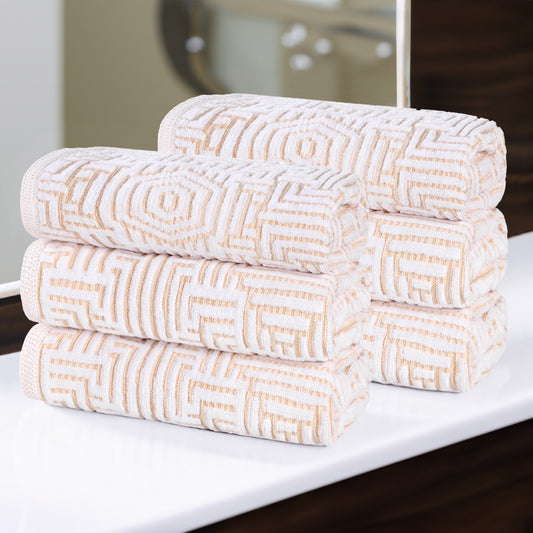 Cotton Modern Geometric Jacquard Plush Absorbent Hand Towel Set of 6 - Gold