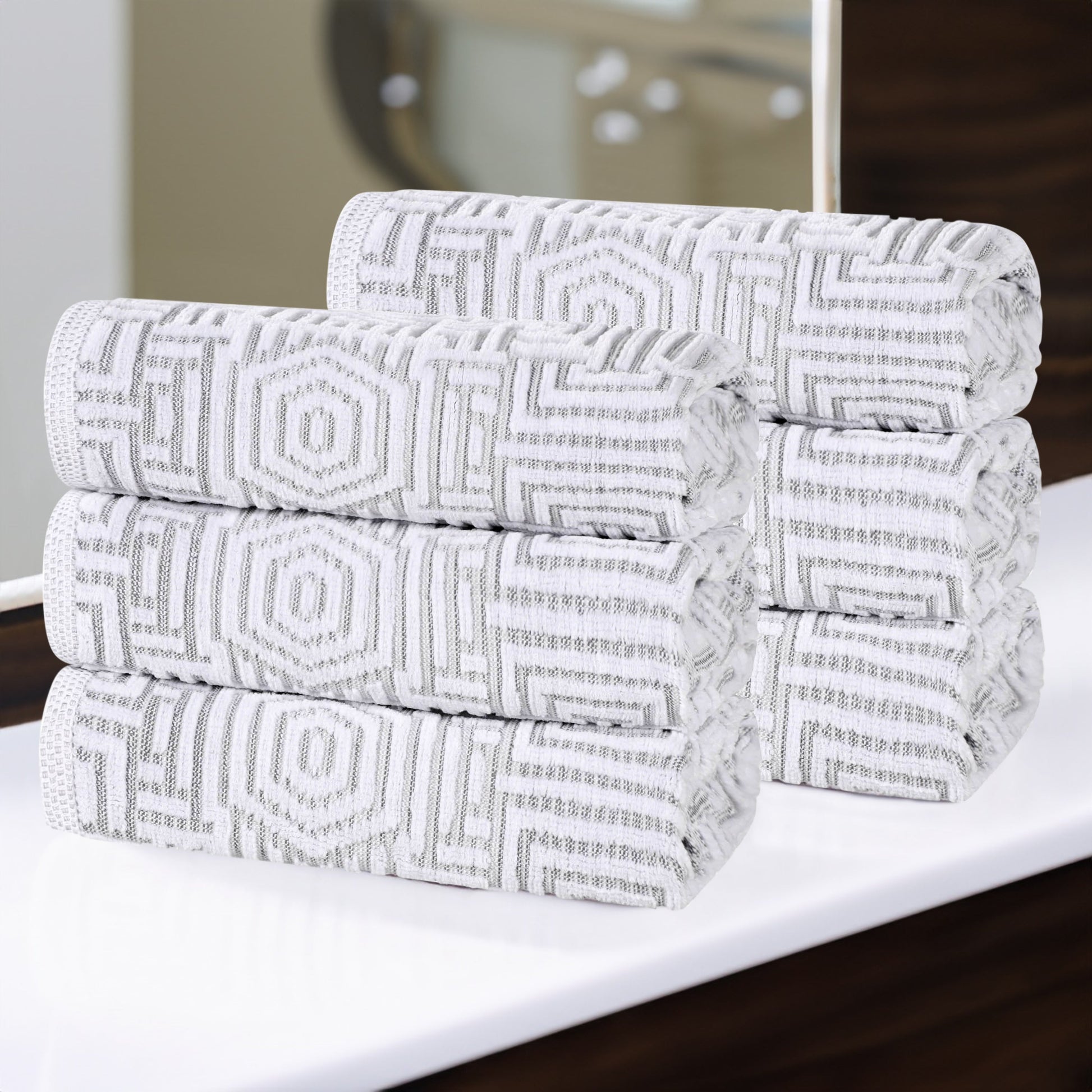 Cotton Modern Geometric Jacquard Plush Absorbent Hand Towel Set of 6 - Platinum