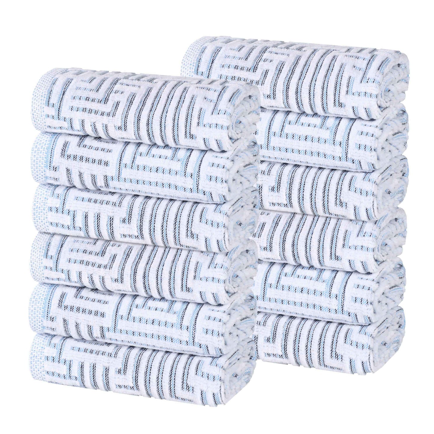 Cotton Modern Geometric Jacquard Plush Face Towel Washcloth Set of 12 - Blue