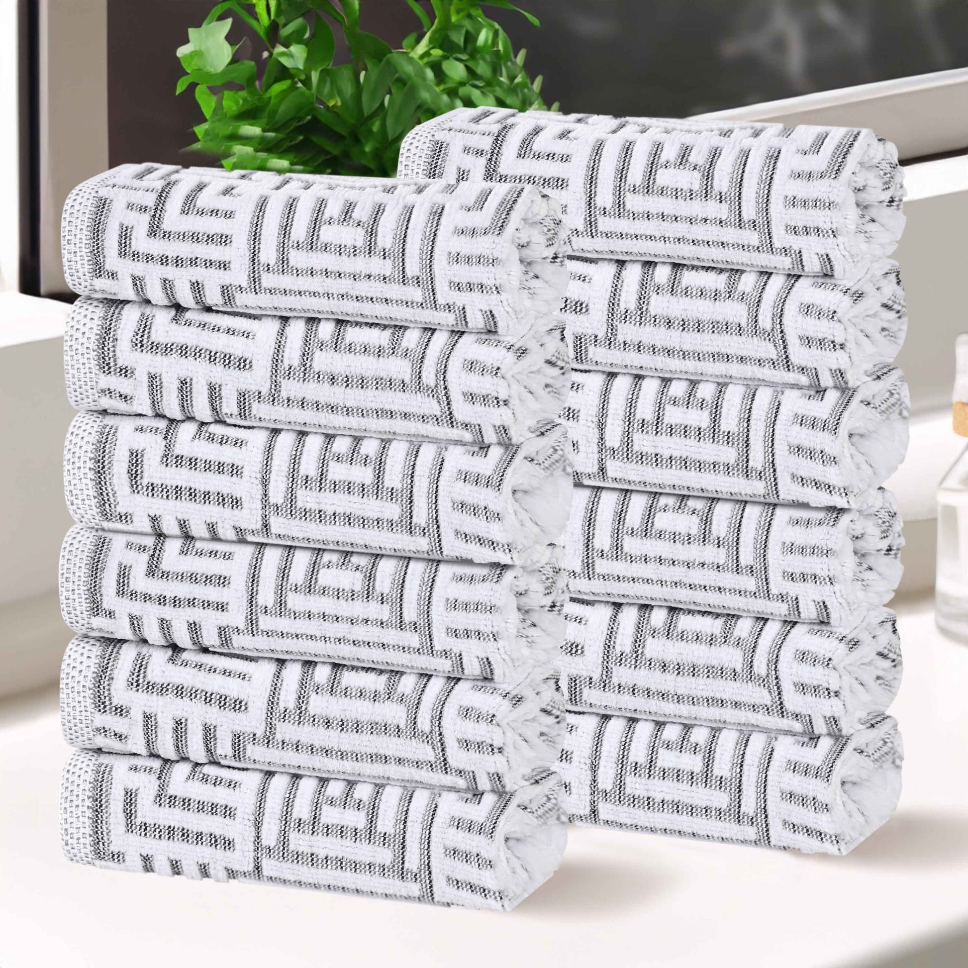 Cotton Modern Geometric Jacquard Plush Face Towel Washcloth Set of 12 - Charcoal