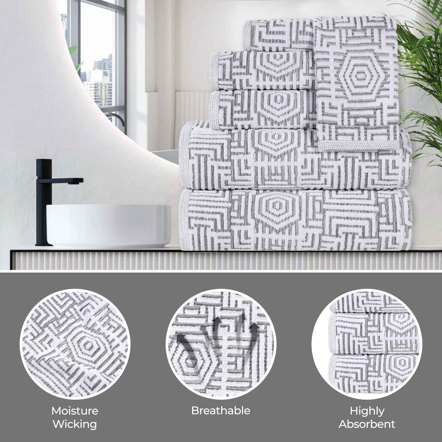 Cotton Modern Geometric Jacquard Plush Face Towel Washcloth Set of 12 - Charcoal