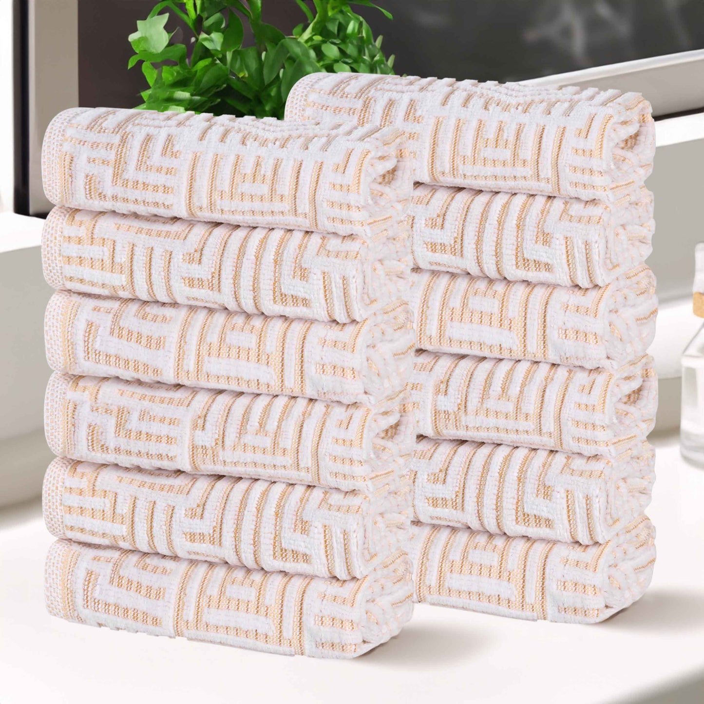 Cotton Modern Geometric Jacquard Plush Face Towel Washcloth Set of 12 - Gold