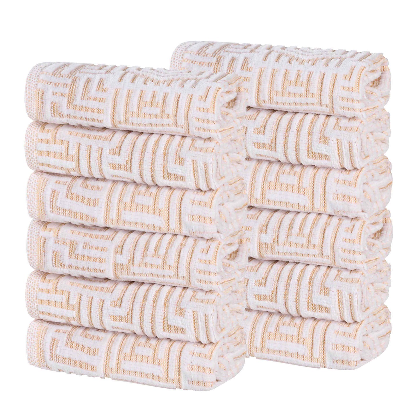 Cotton Modern Geometric Jacquard Plush Face Towel Washcloth Set of 12 - Gold