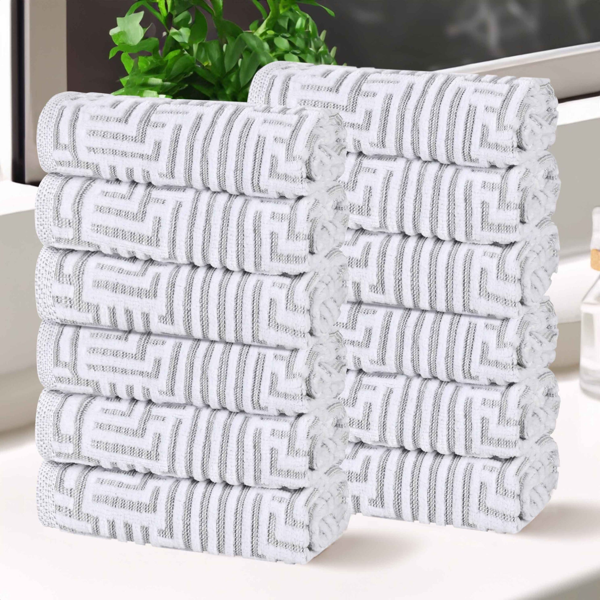 Cotton Modern Geometric Jacquard Plush Face Towel Washcloth Set of 12 - Platinum