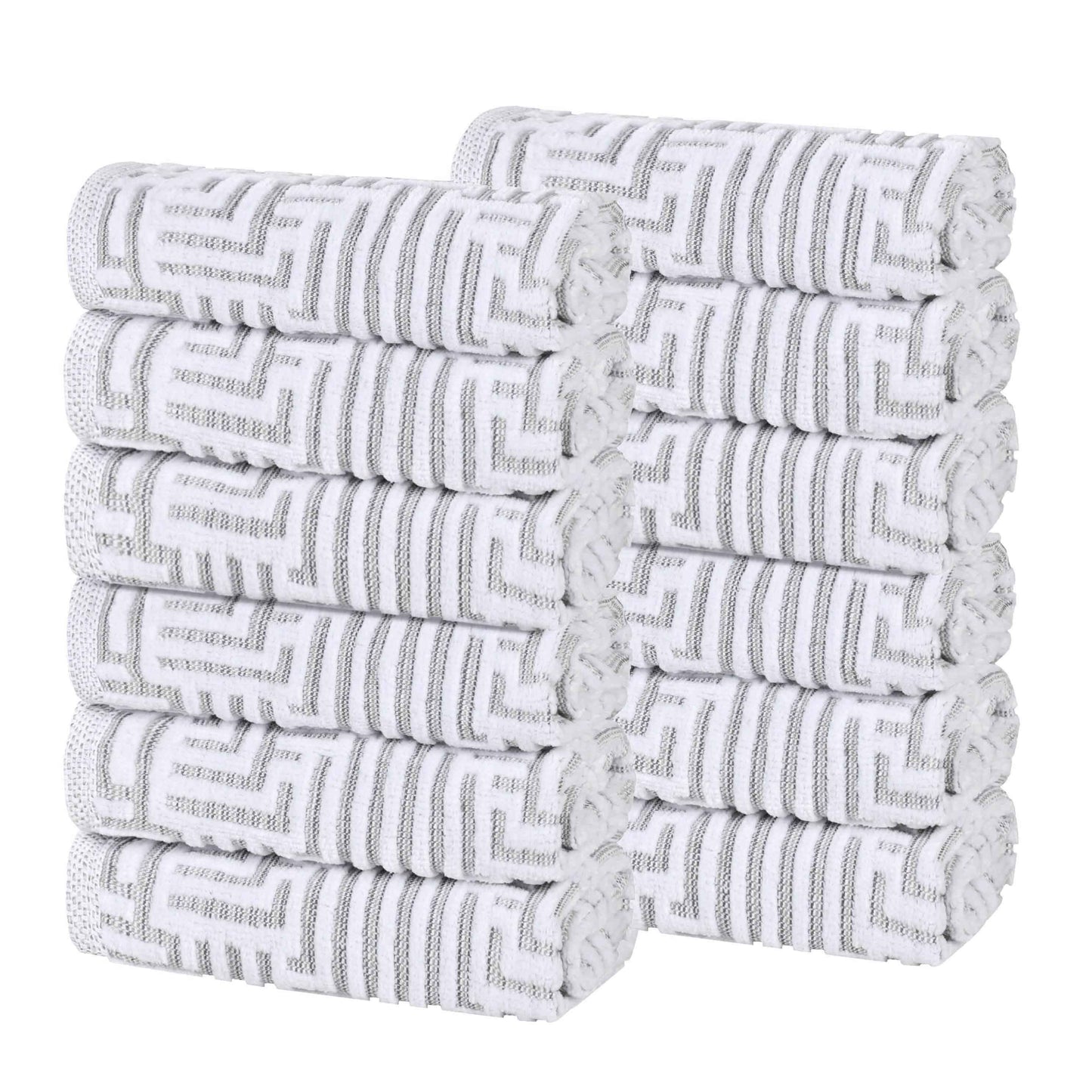 Cotton Modern Geometric Jacquard Plush Face Towel Washcloth Set of 12 - Platinum