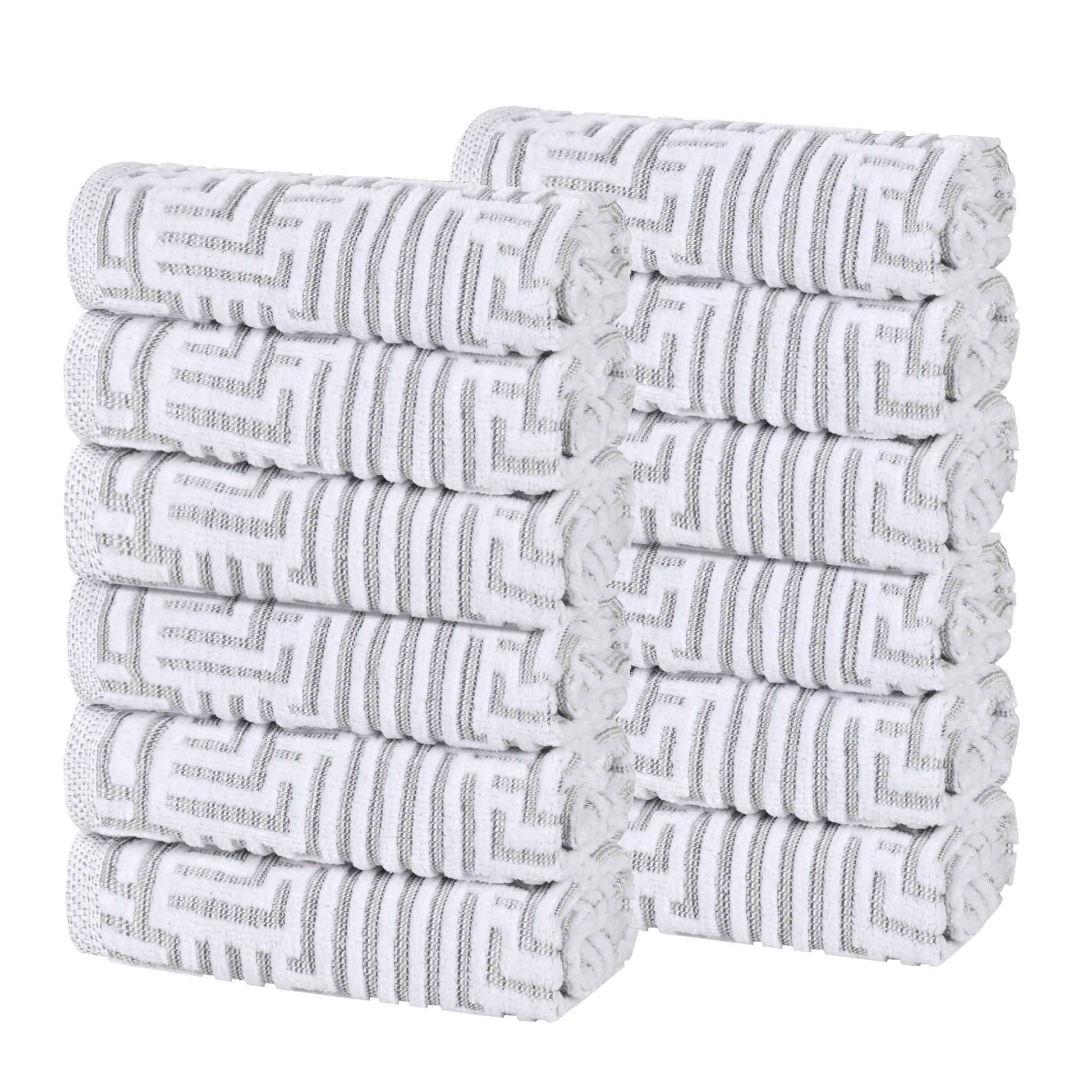 Cotton Modern Geometric Jacquard Plush Face Towel Washcloth Set of 12 - Platinum