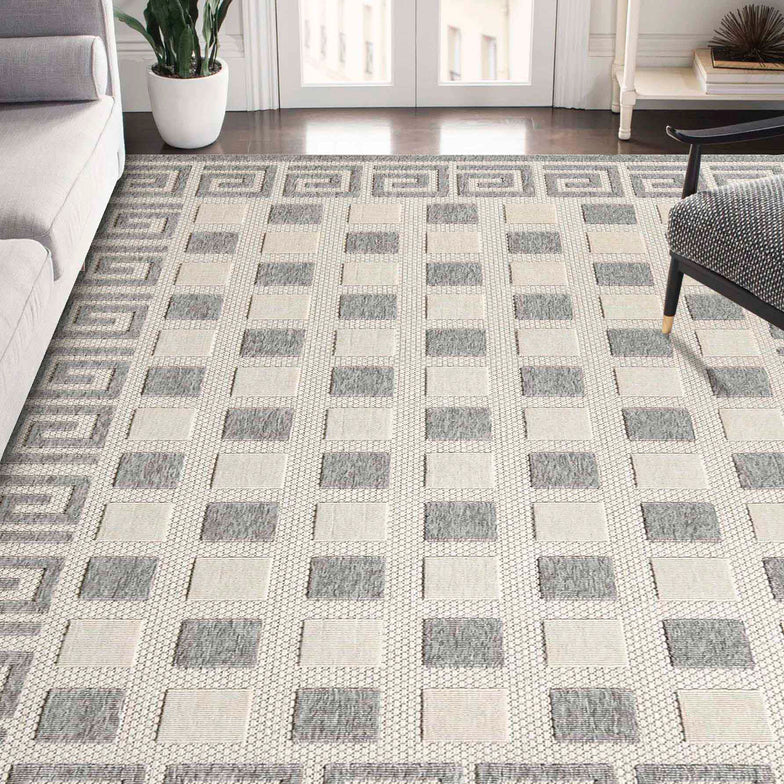 Geometric Greek Key Area Rug Indoor Outdoor Rugs - Cream