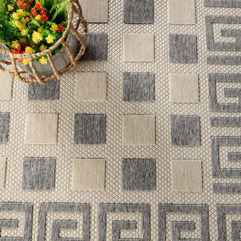 Geometric Greek Key Area Rug Indoor Outdoor Rugs - Cream