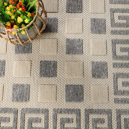 Geometric Greek Key Area Rug Indoor Outdoor Rugs - Cream