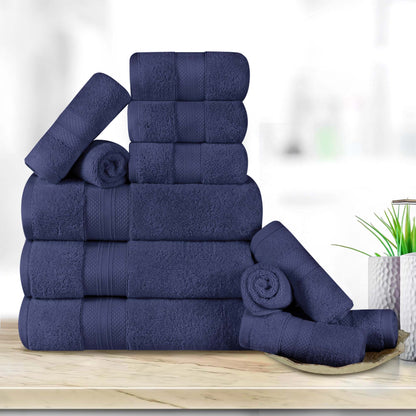 Turkish Cotton Highly Absorbent Solid 12 Piece Ultra Plush Towel Set - CrownBlue