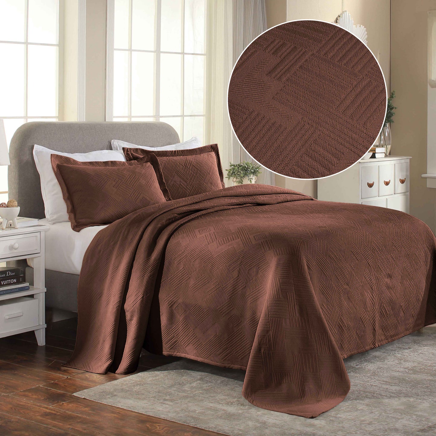 Cotton Jacquard Matelassé Scalloped Geometric Fret Bedspread Set - Cuppuccino