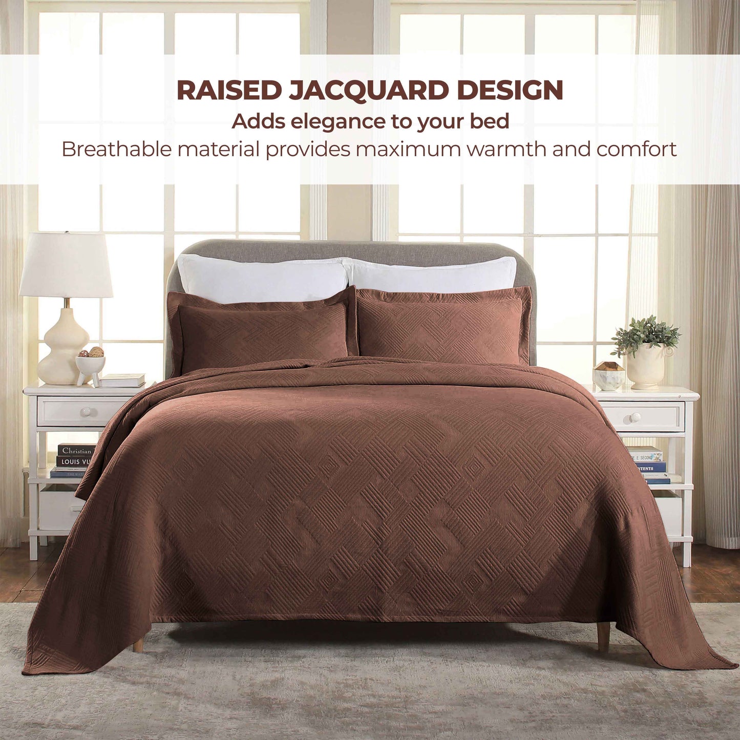 Cotton Jacquard Matelassé Scalloped Geometric Fret Bedspread Set - Cuppuccino