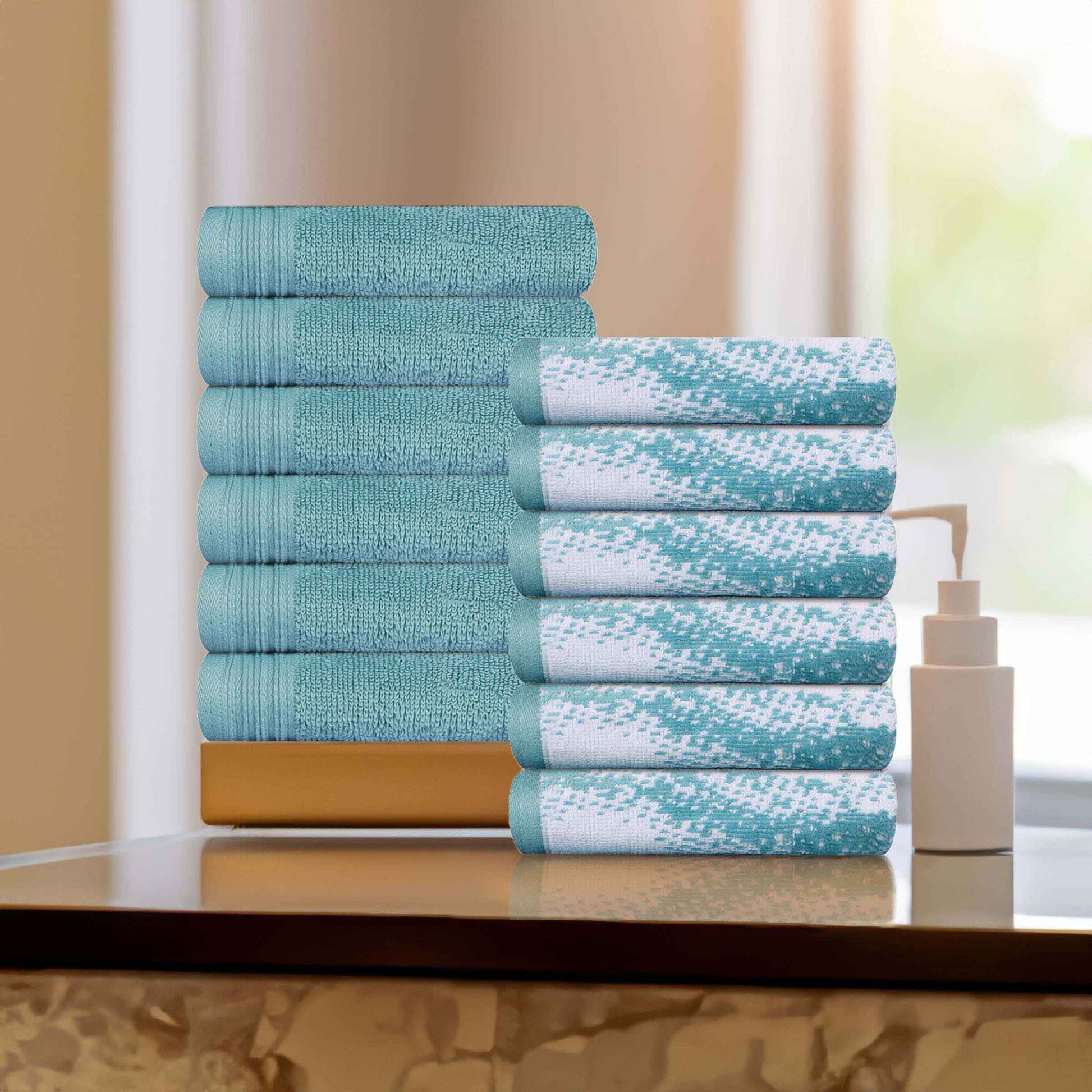 Cotton Marble and Solid Medium Weight Face Towel/ Washcloth Set of 12 - Cyan