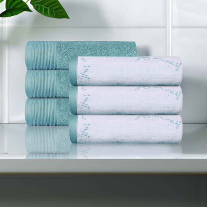 Cotton Marble and Solid Medium Weight Hand Towel Set of 6 - Cyan