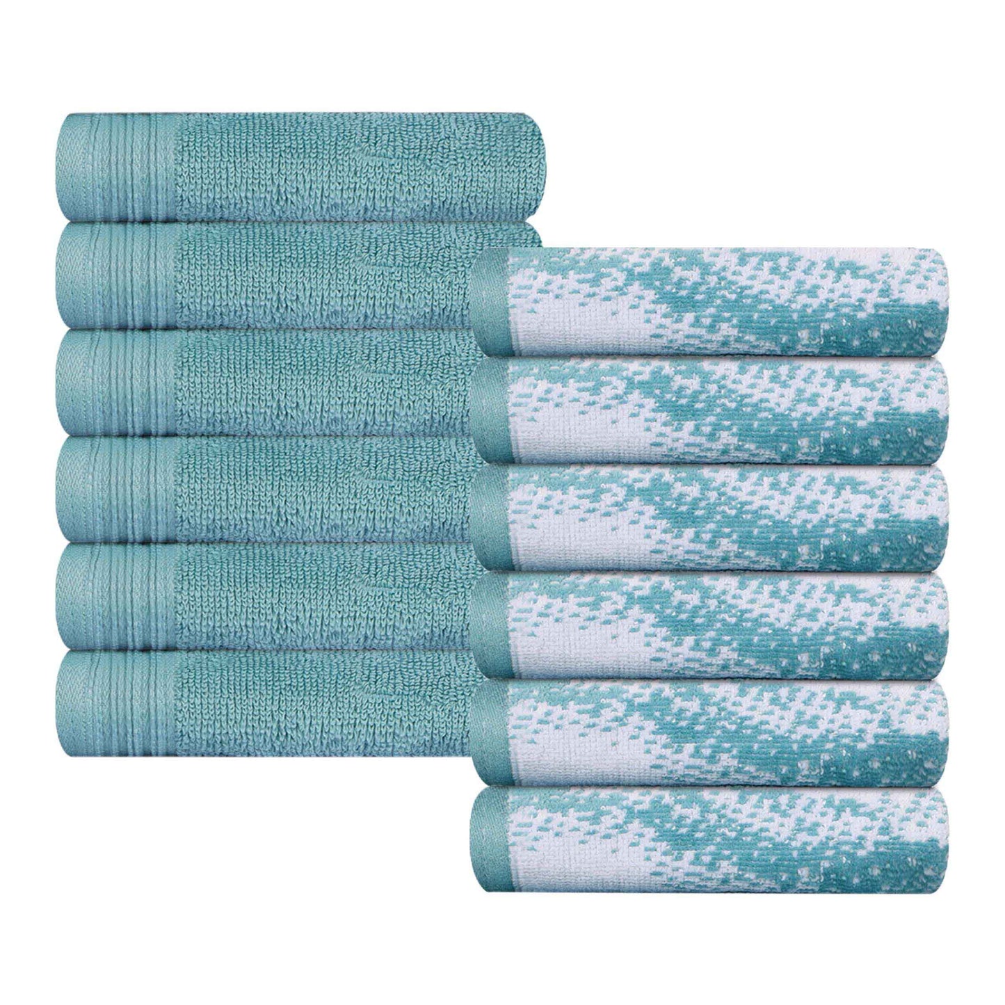 Cotton Marble and Solid Medium Weight Face Towel/ Washcloth Set of 12 - Cyan