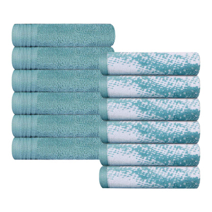 Cotton Marble and Solid Medium Weight Face Towel/ Washcloth Set of 12 - Cyan