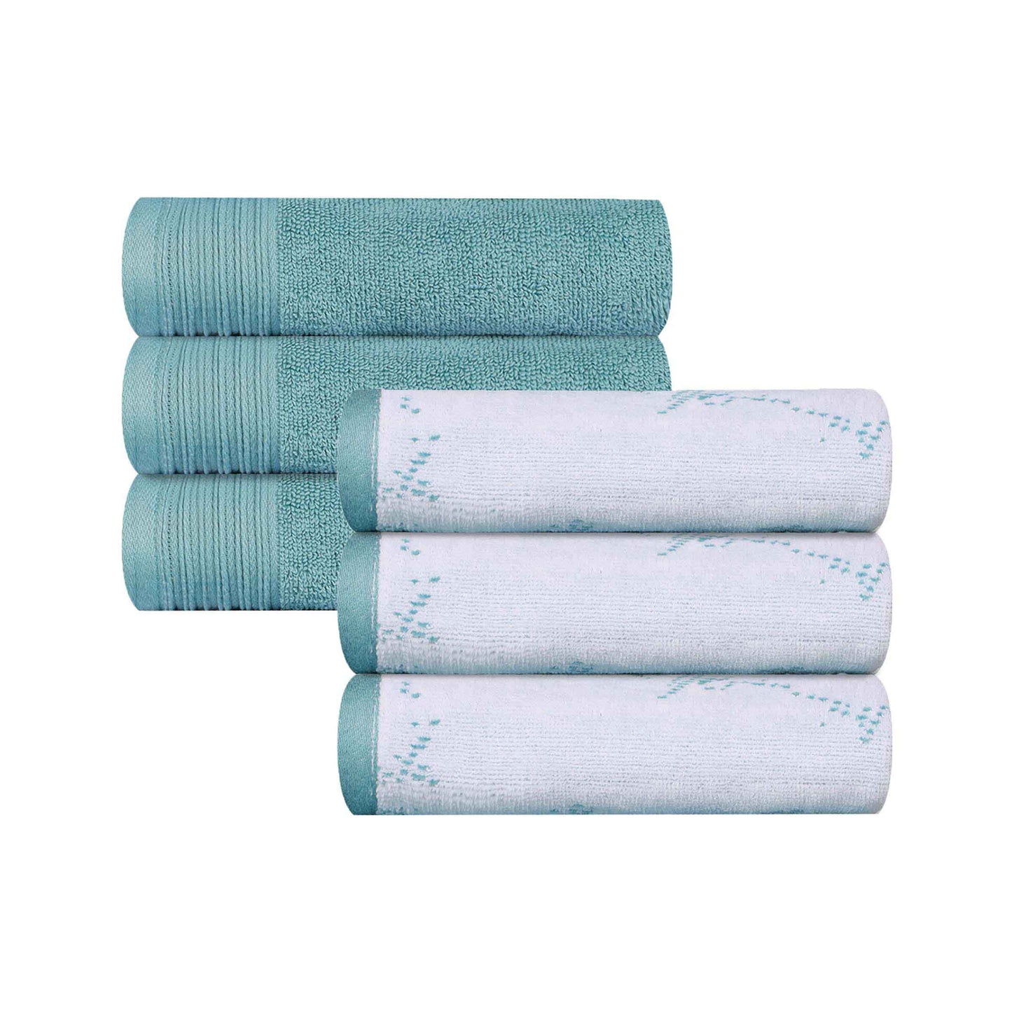 Cotton Marble and Solid Medium Weight Hand Towel Set of 6 - Cyan