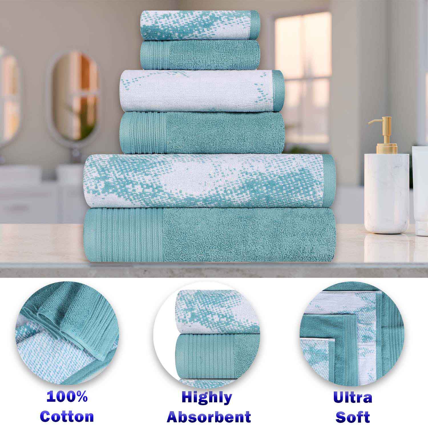 Cotton Marble and Solid Medium Weight Hand Towel Set of 6 - Cyan