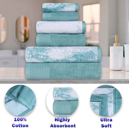 Cotton Marble and Solid Medium Weight Hand Towel Set of 6 - Cyan