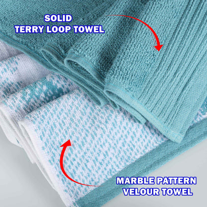 Cotton Marble and Solid Medium Weight Hand Towel Set of 6 - Cyan