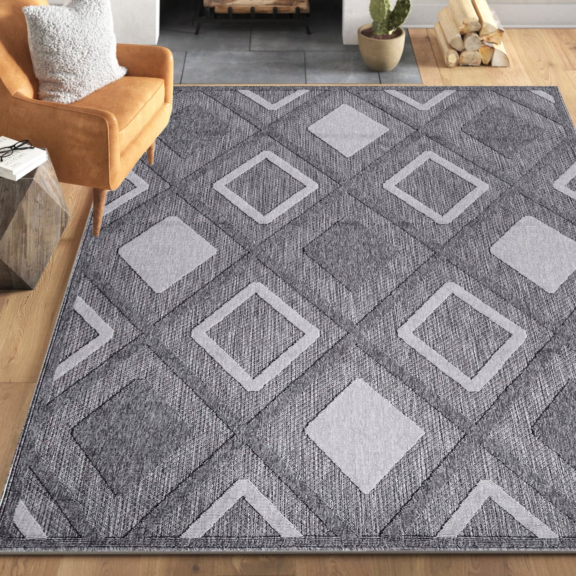Superior Daelyn Modern Diamond Lattice Indoor/Outdoor Area Rug - Grey