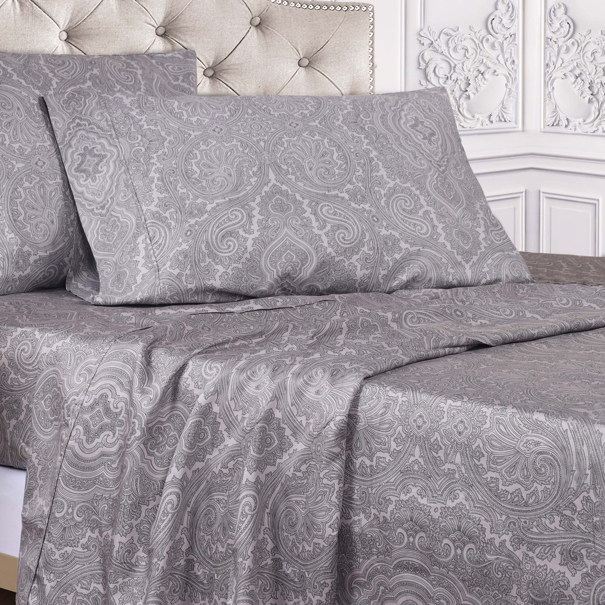 Italian Paisley 600 Thread Count Cotton Blend Deep Pocket Sheet Set - DarkGray