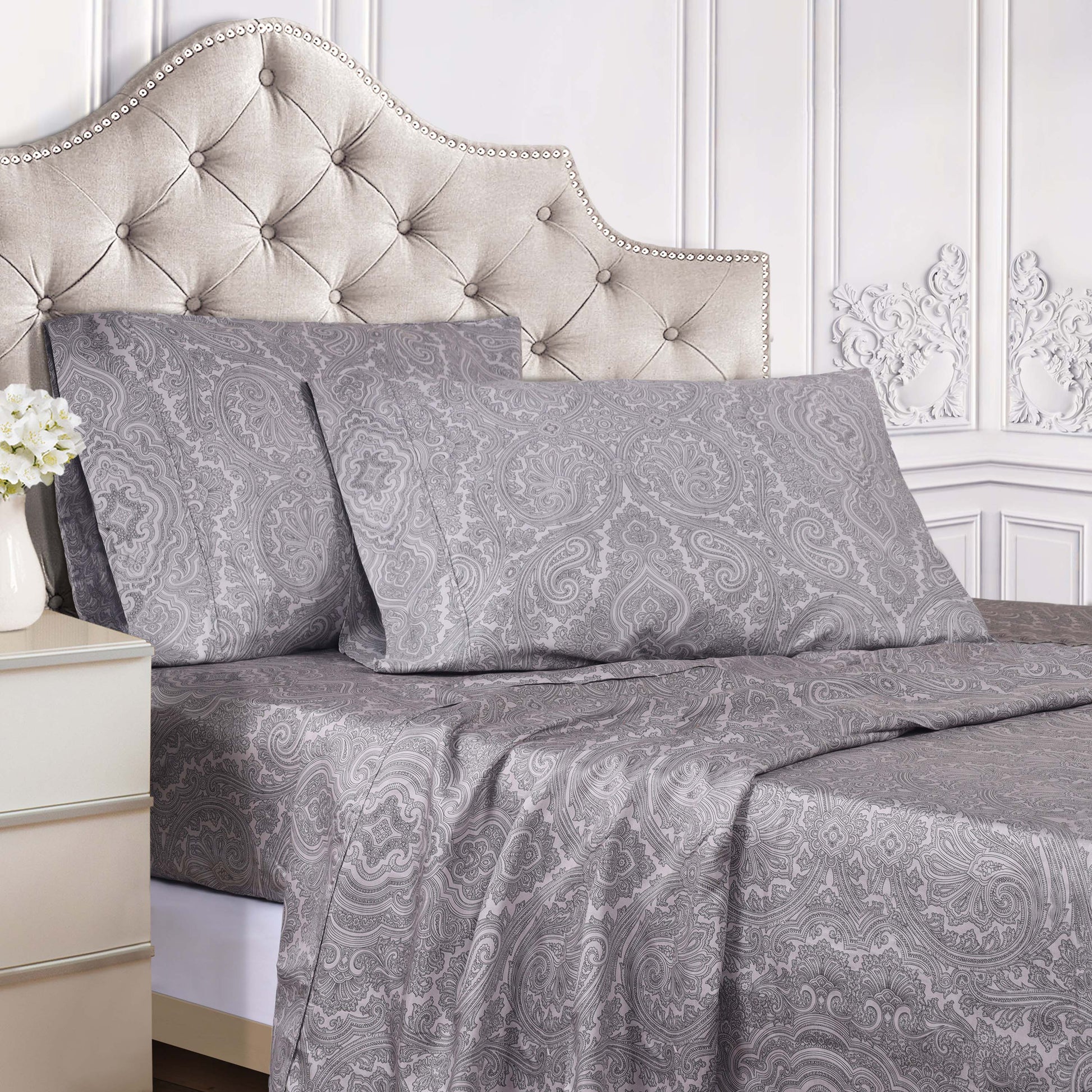Italian Paisley 600 Thread Count Cotton Blend Deep Pocket Sheet Set - DarkGray