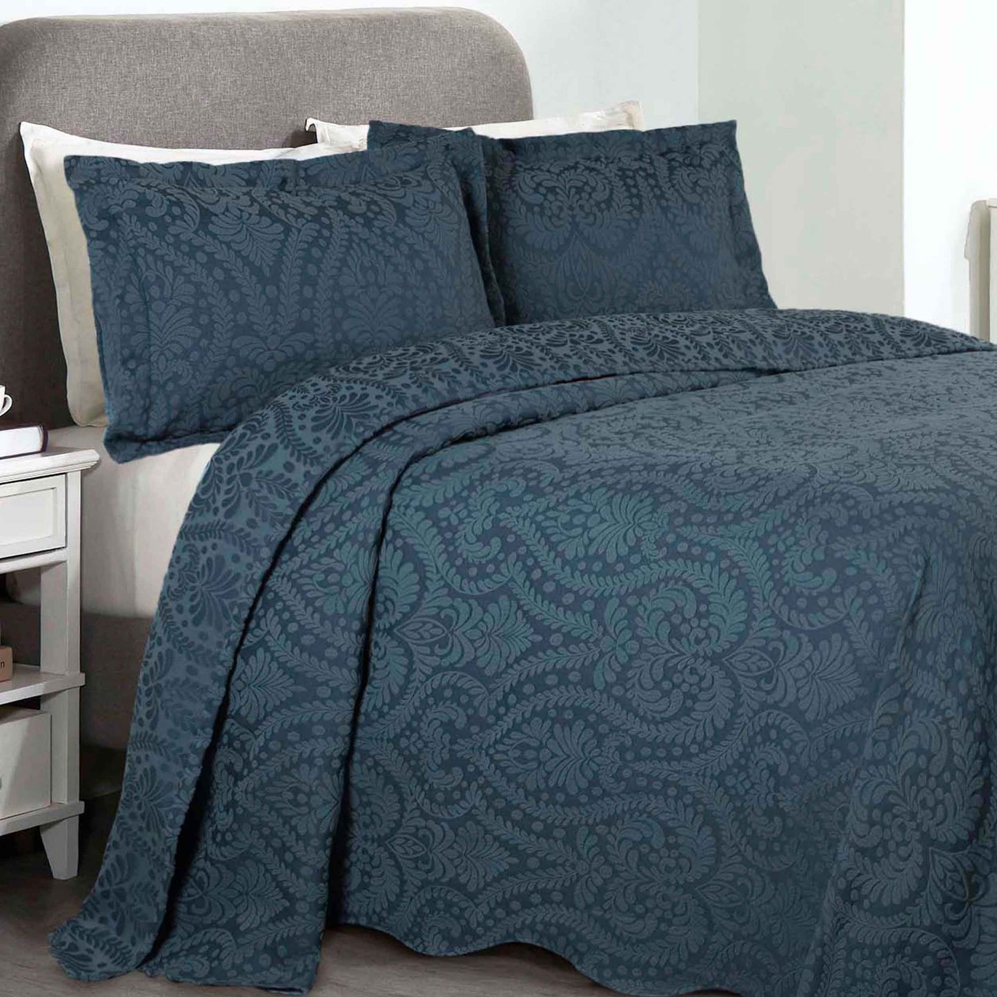 Aspen Cotton Blend Jacquard Floral Scalloped Edge Bedspread Set - DeepSea