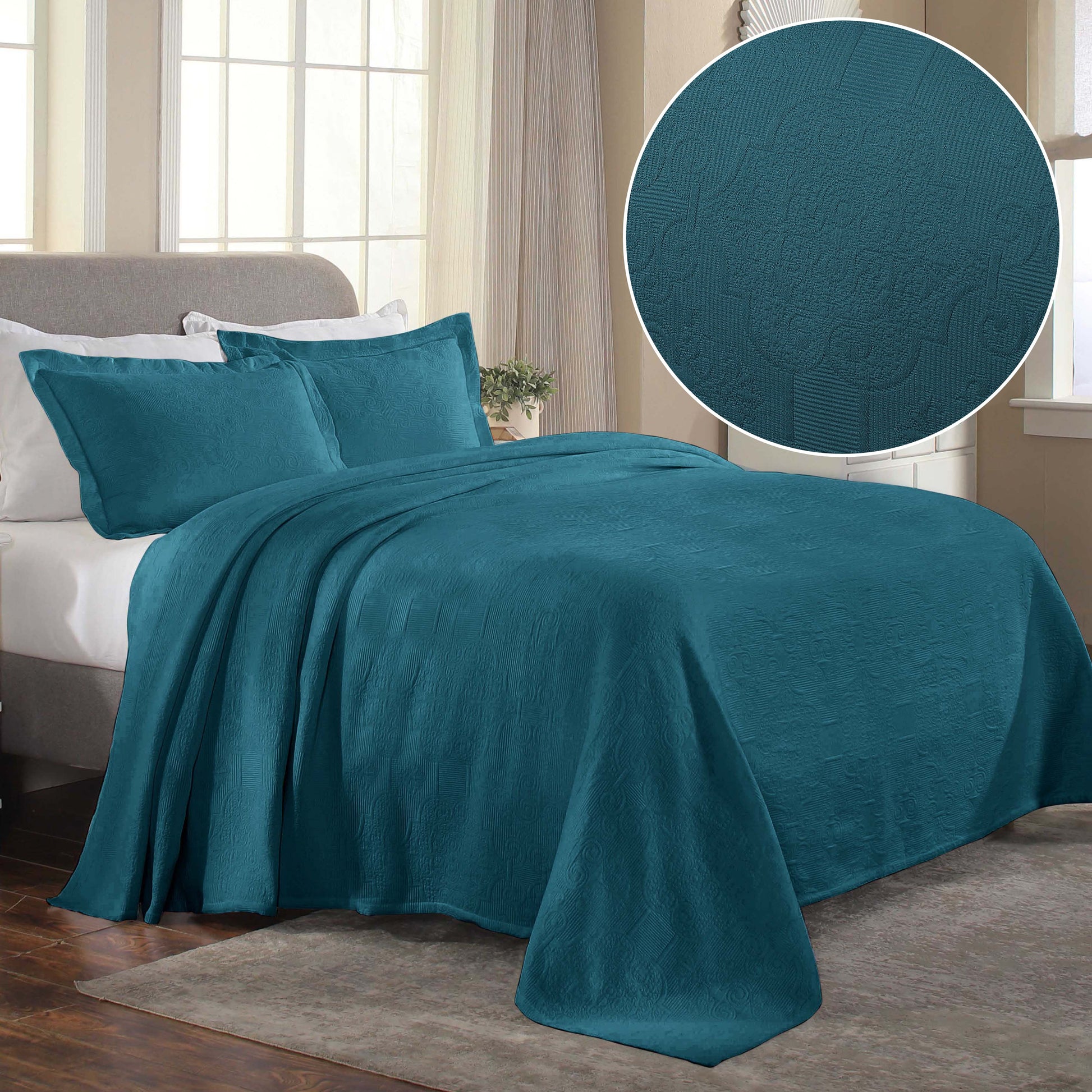 Florin Cotton Matelasse Weave Jacquard Scroll Medallion Bedspread Set - Deep Sea