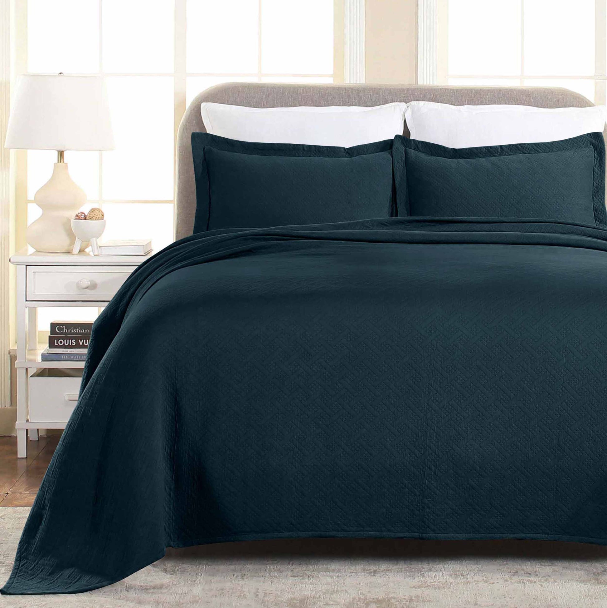 Basket Weave Matelasse Cotton Bedspread Set - Deep Sea