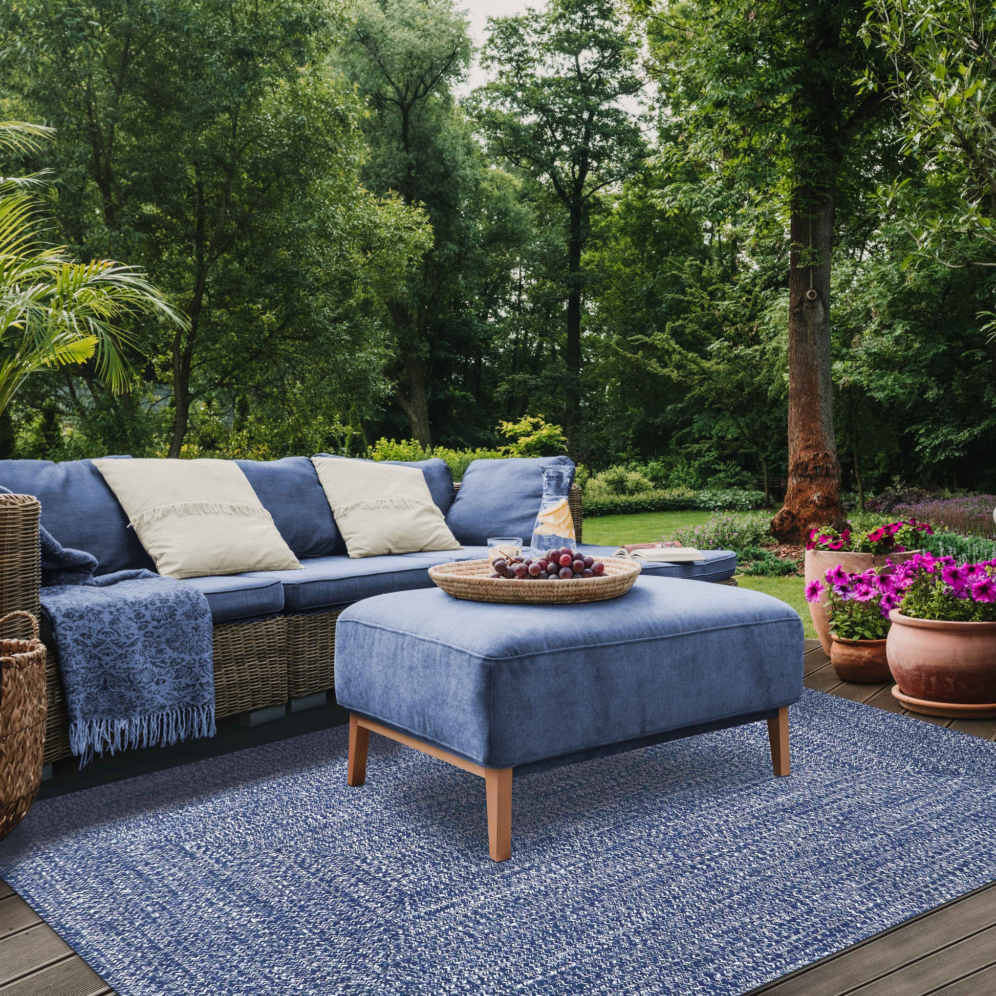 Multi Toned Braided Area Rug Bohemian Indoor Outdoor Rugs - DenimBlue-White