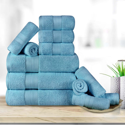 Turkish Cotton Highly Absorbent Solid 12 Piece Ultra Plush Towel Set - DenimBlue