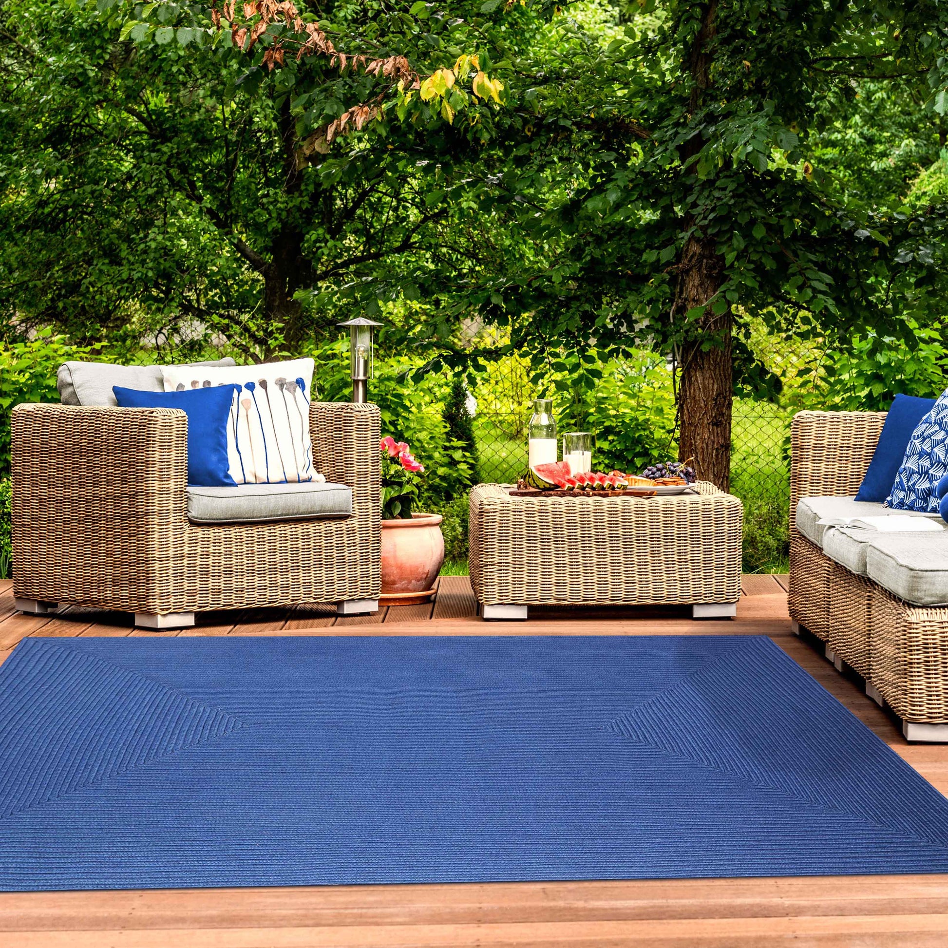 Bohemian Indoor Outdoor Rugs Solid Rectangle Braided Area Rug - DenimBlue