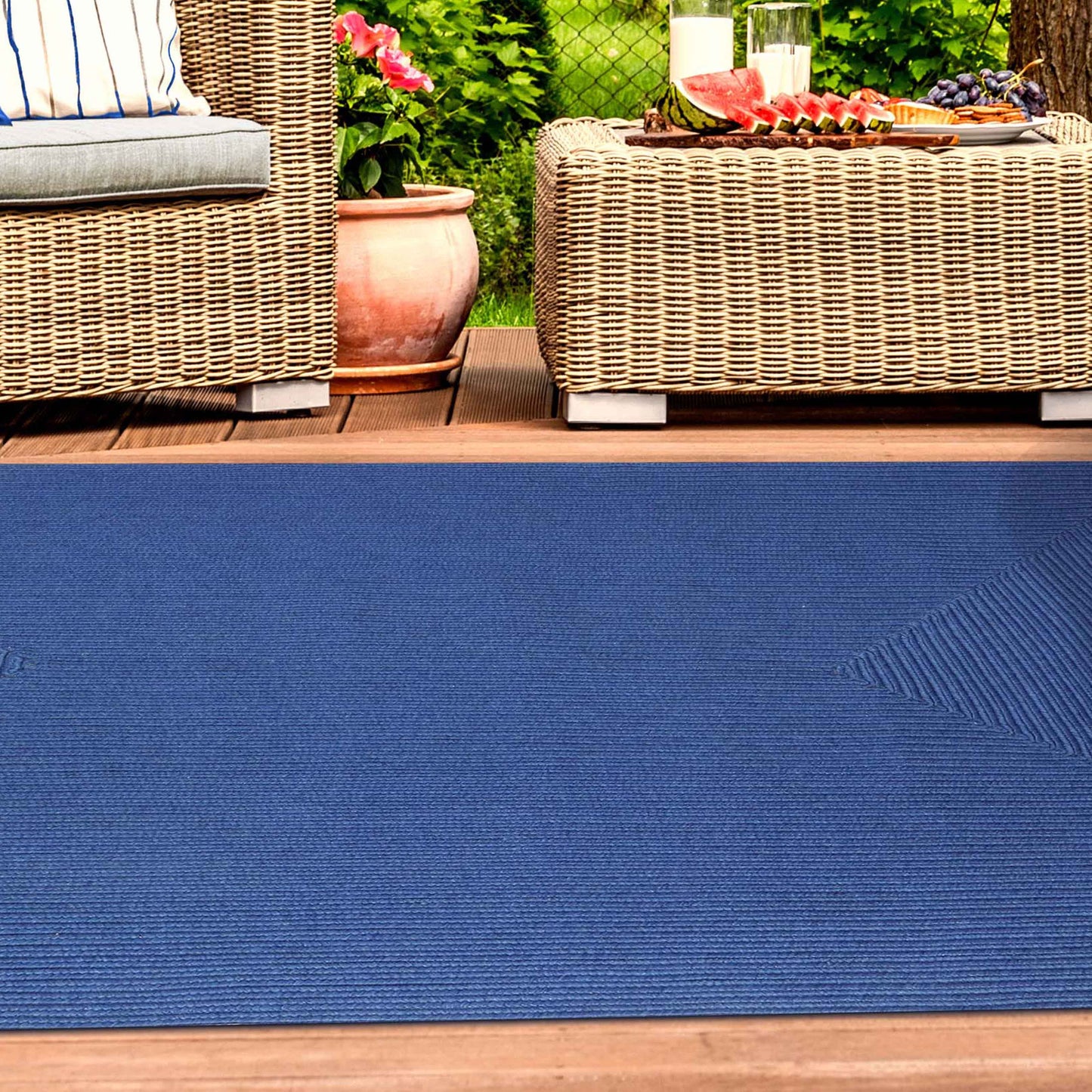 Bohemian Indoor Outdoor Rugs Solid Rectangle Braided Area Rug - DenimBlue