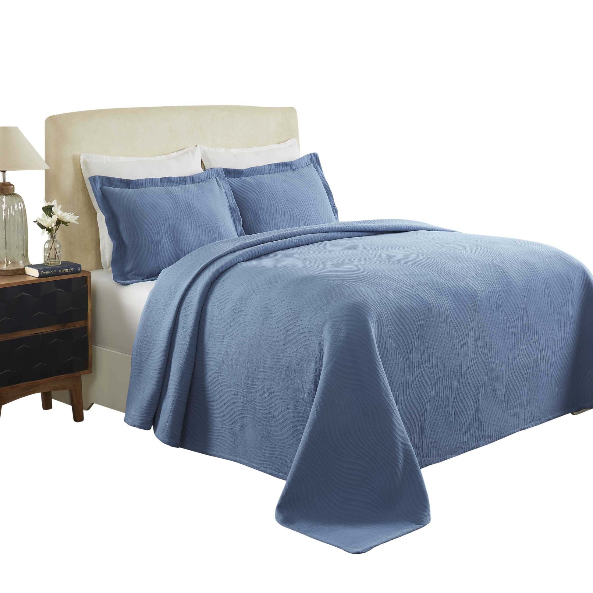 Cascade Cotton Jacquard Matelassé 3-Piece Bedspread Set - DenimBlue