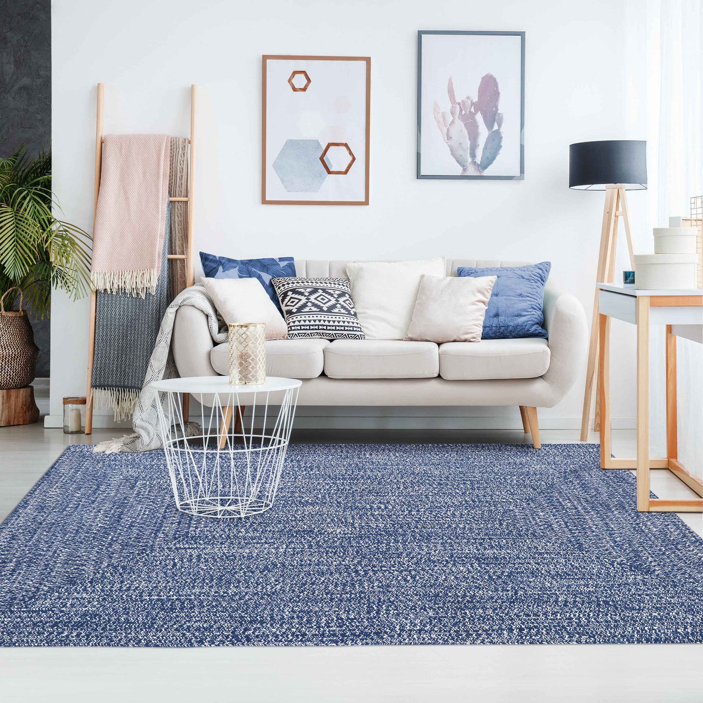 Multi Toned Braided Area Rug Bohemian Indoor Outdoor Rugs - DenimBlue-White
