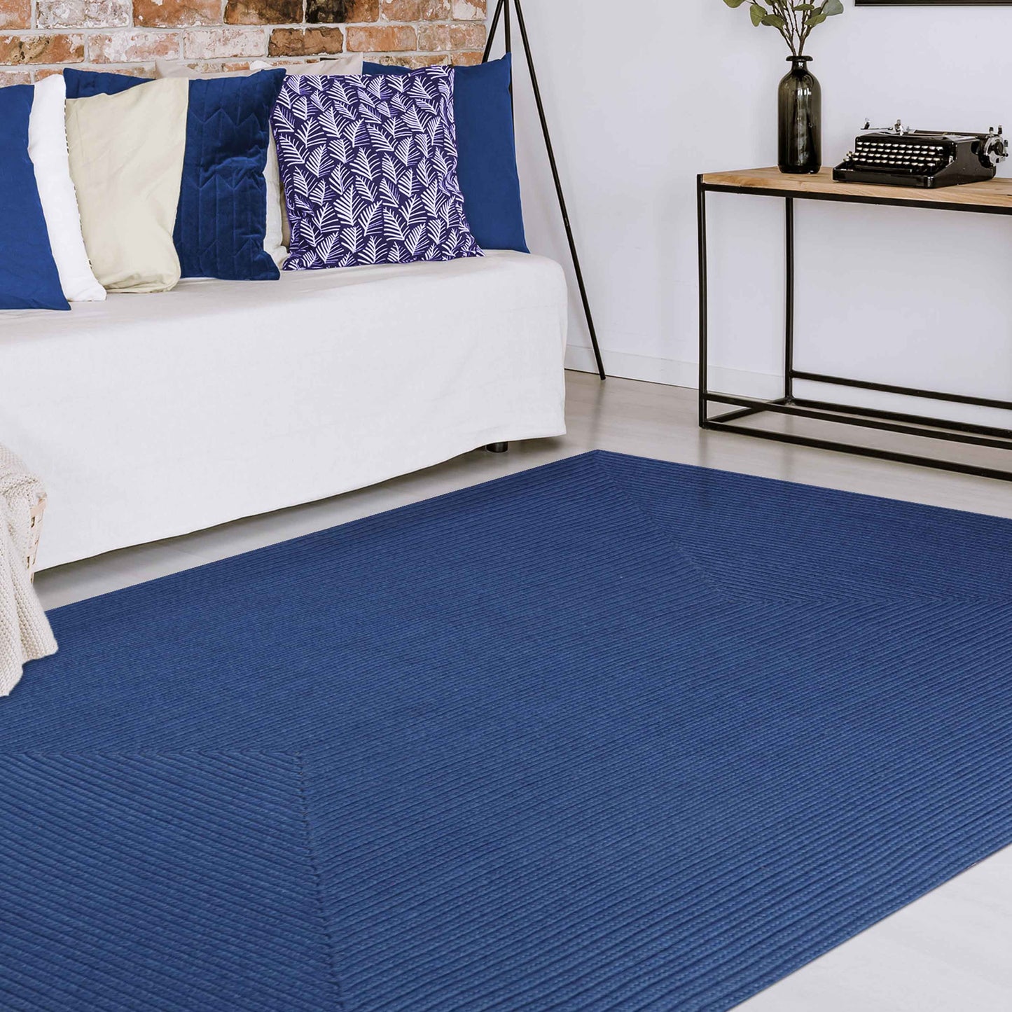 Bohemian Indoor Outdoor Rugs Solid Rectangle Braided Area Rug - DenimBlue