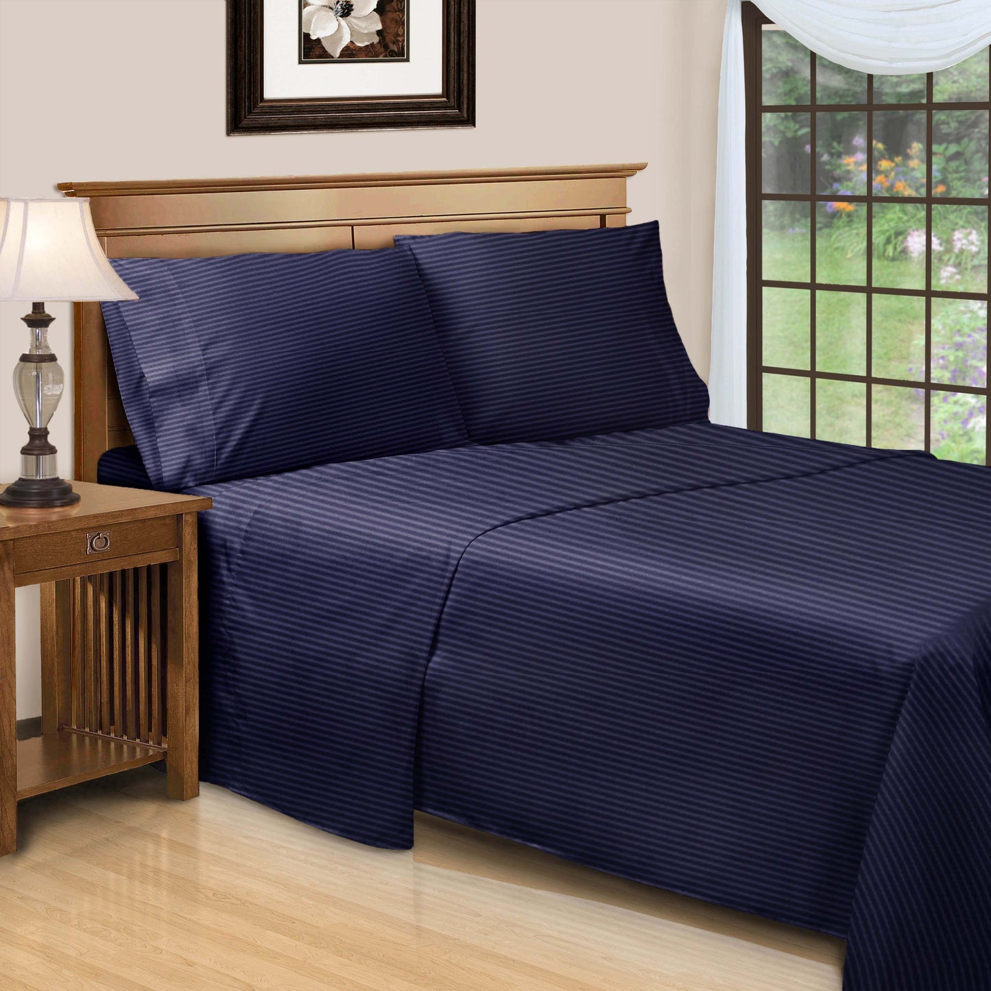 Superior Premium 600 Thread Count Egyptian Cotton Striped Deep Pocket Sheet Set - Navy Blue